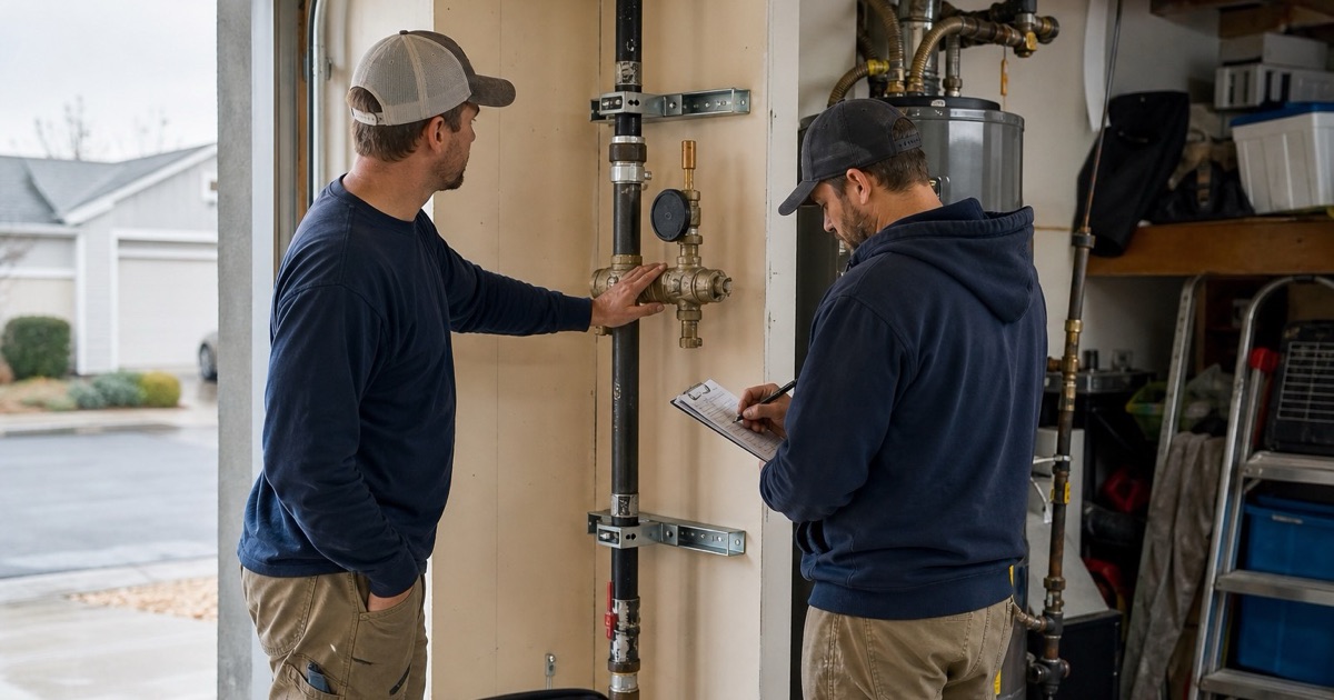 Two installers checking a pressure test gauge on a capped test assembly