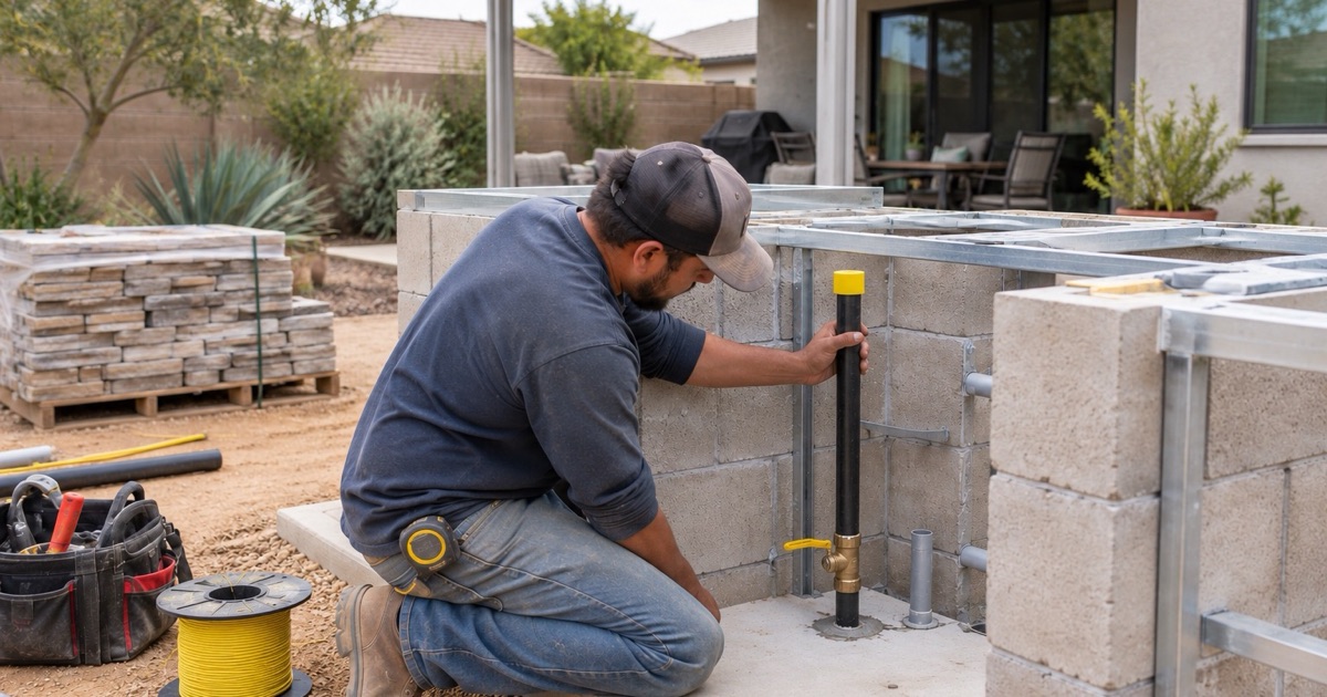 An installer setting the gas stub inside a partly built outdoor kitchen island