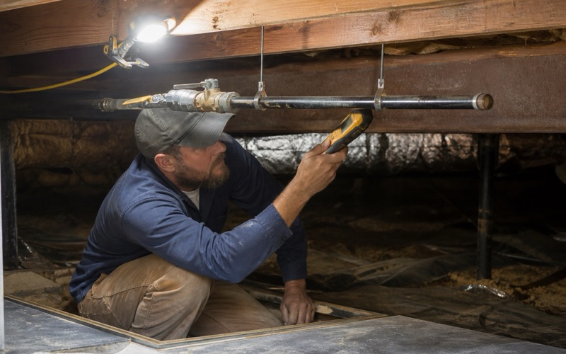 A technician sweeping a handheld combustible gas detector along an exposed pipe run