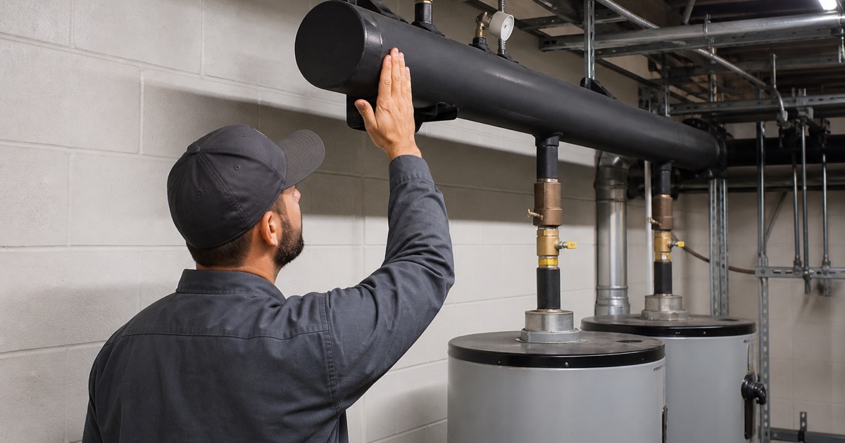 An installer pressure testing gas piping in a hotel plant room