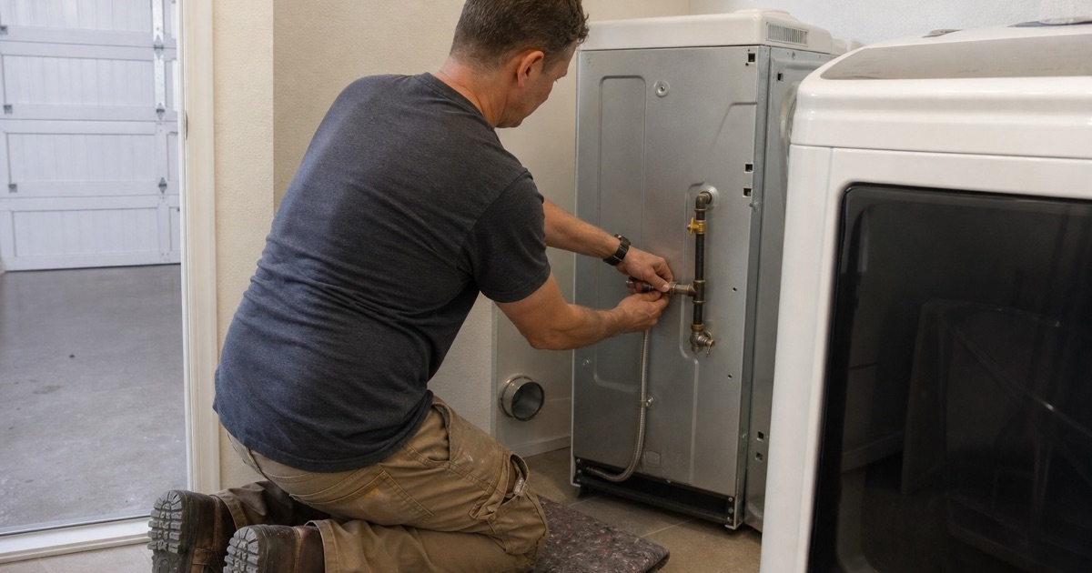 An installer connecting a gas dryer in a tract house laundry