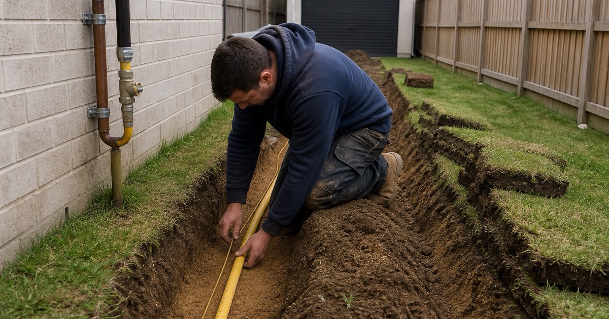 A worker bedding new gas pipe in a trench across a tract back yard