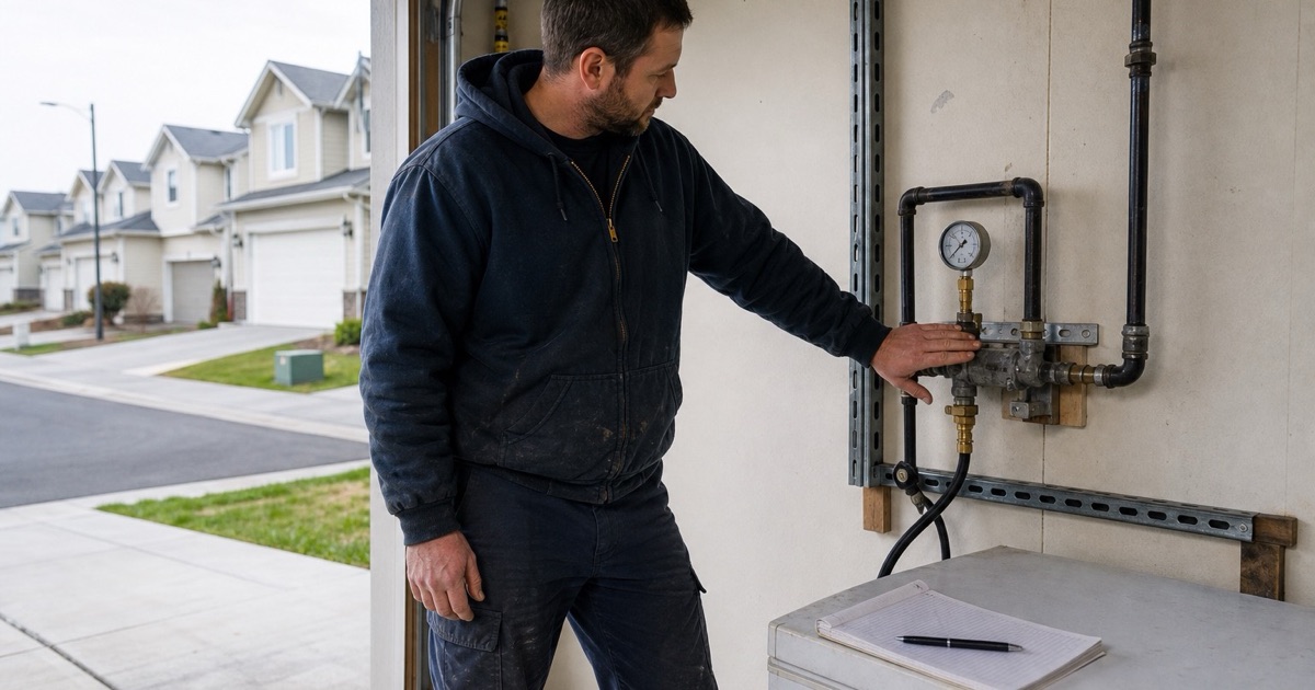 A technician holding a pressure gauge assembly on a capped gas line in a suburban garage