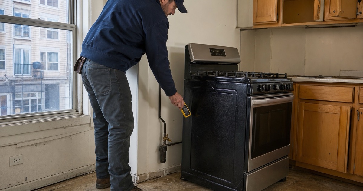 A technician surveying gas piping with a detector in a rental unit kitchen