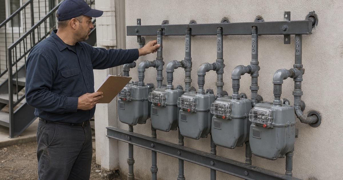 A technician checking a bank of gas meters at an apartment building