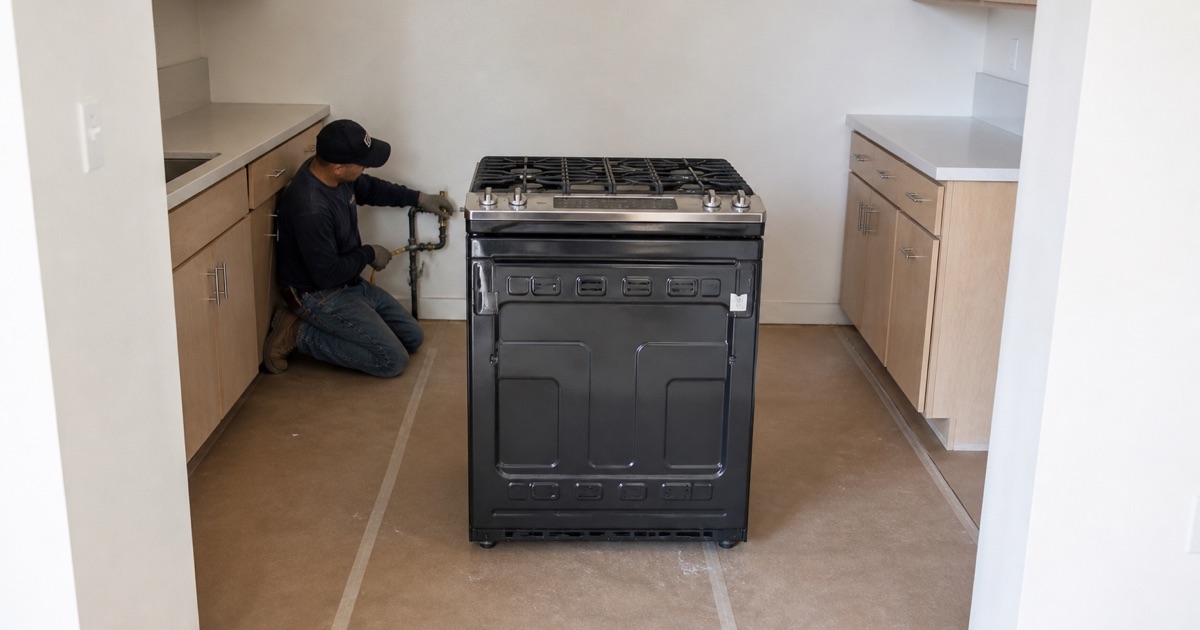 An installer connecting a gas range in a small apartment kitchen