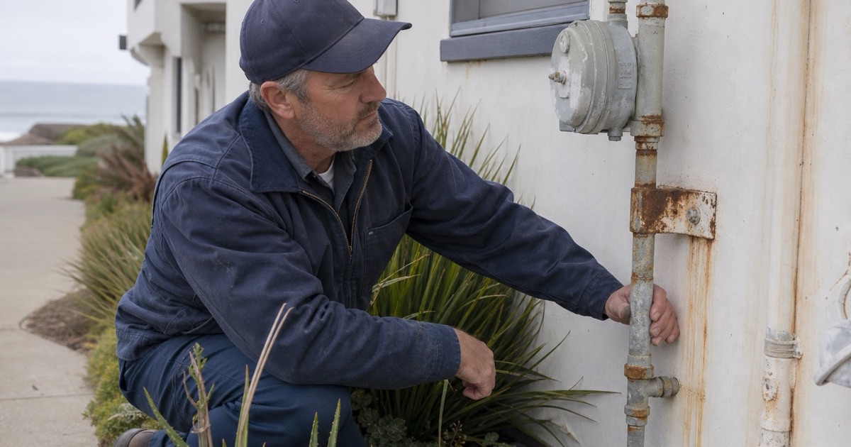 A technician inspecting corrosion on a coastal gas meter set and riser
