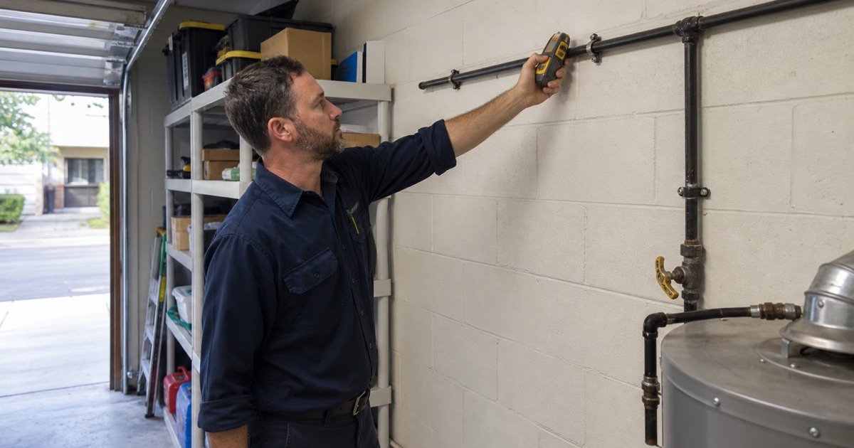 A technician surveying an exposed gas run in a tract house garage