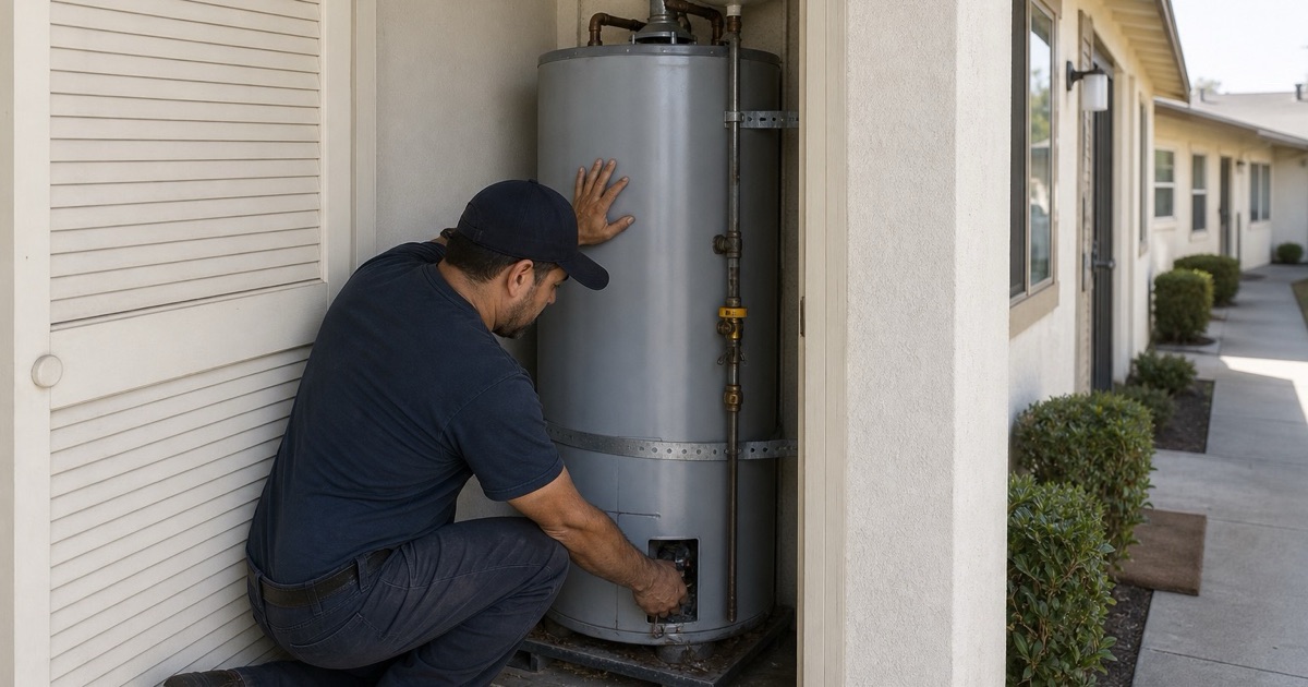 A technician checking a gas appliance in an attached single-story residence