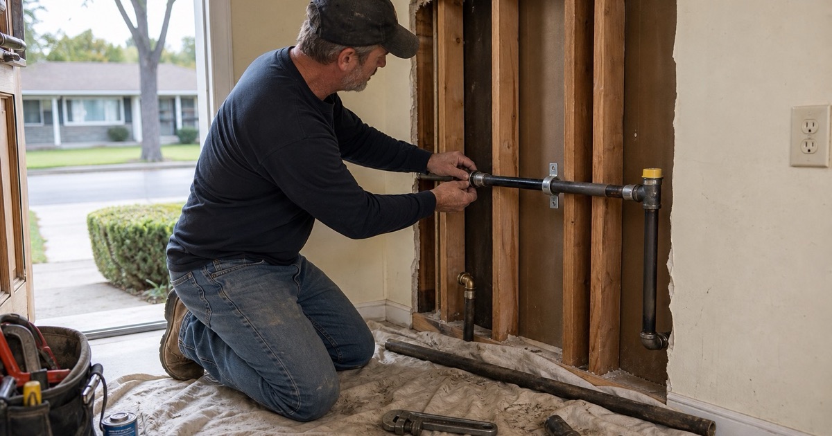 An installer replacing concealed gas pipe in an older single-story house