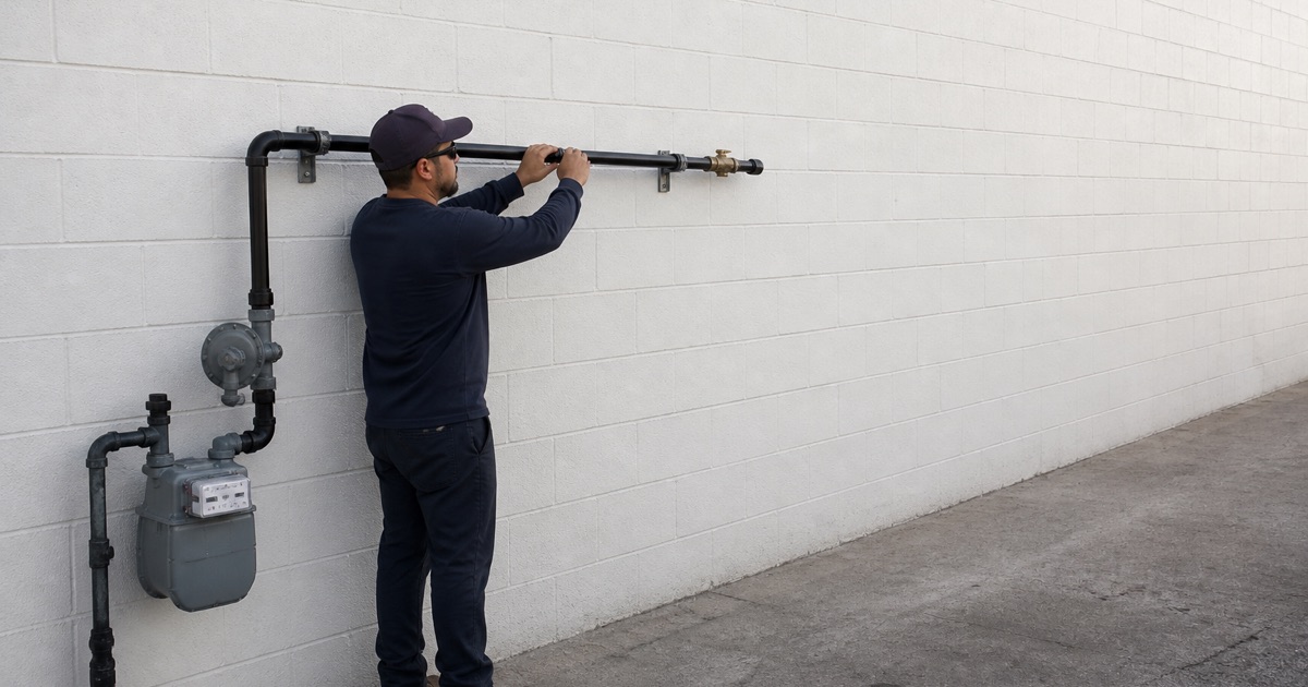 An installer making up a threaded gas joint on a compact commercial strip building