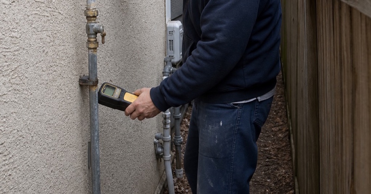 A technician surveying a gas line with a detector in a narrow side yard