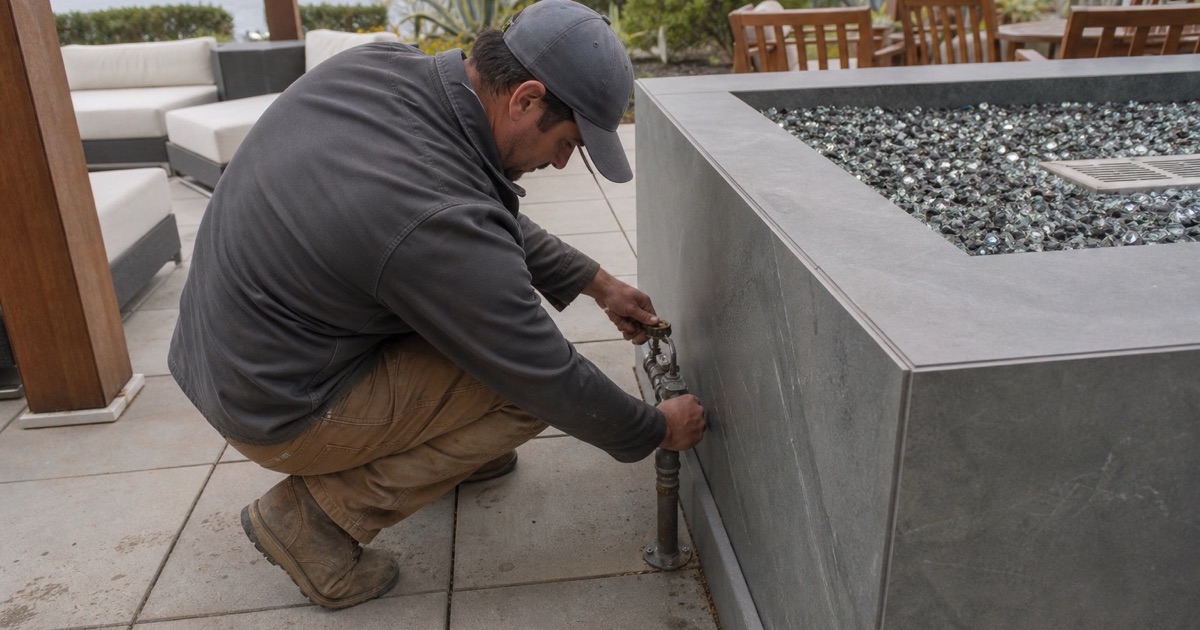 An installer working on the gas supply to a linear fire table on a coastal patio