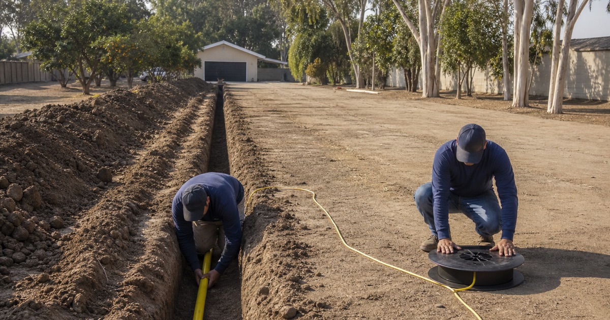 Two workers laying polyethylene gas pipe in a long trench across a large property