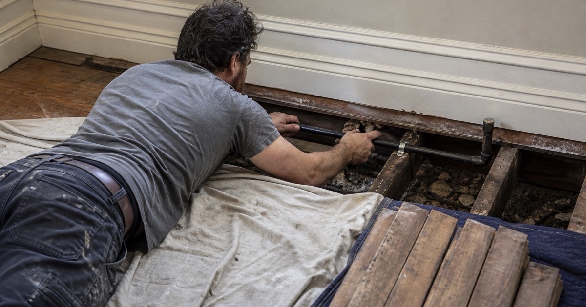 An installer routing pipe through the open floor of a preserved pre-war house