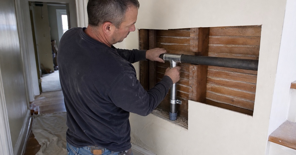 An installer fitting a new branch line into an existing run in an opened wall