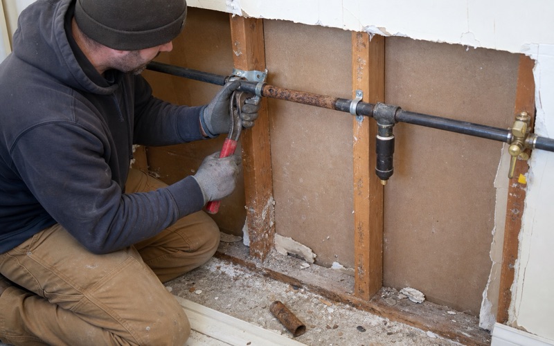 An installer cutting out a corroded section of black steel pipe at an exposed run