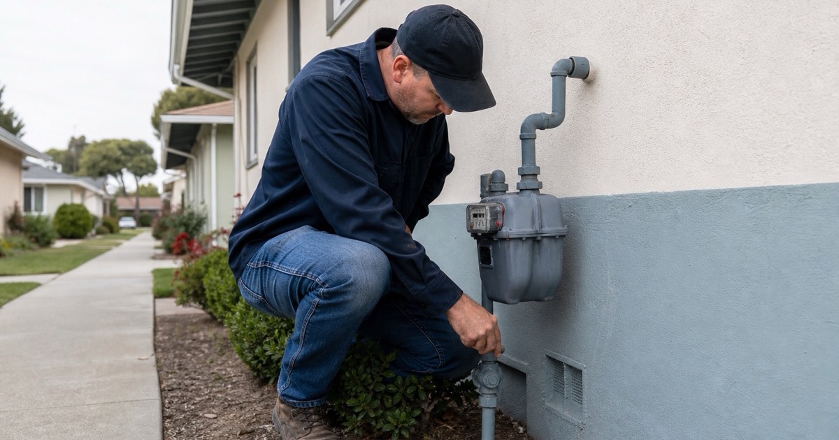 A technician working at a gas meter set on the side of a 1950s tract home