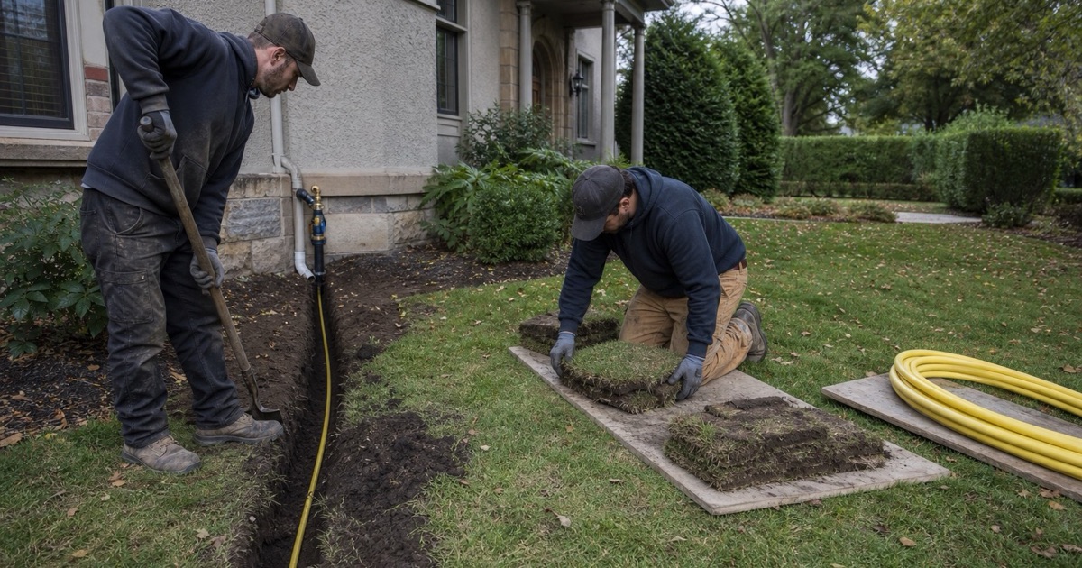 Two workers hand-digging a gas trench across established grounds