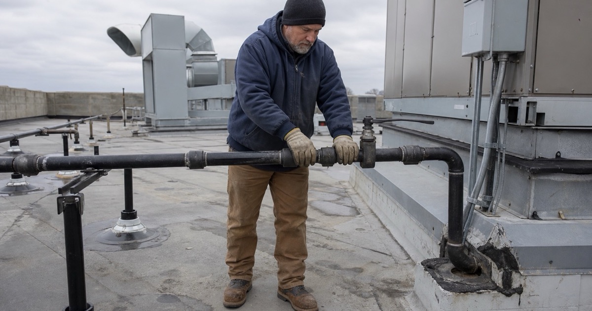 An installer working on rooftop gas piping serving industrial equipment