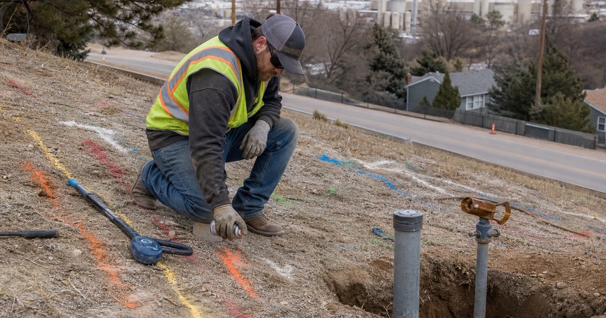A worker marking buried services before excavation on a sloping site