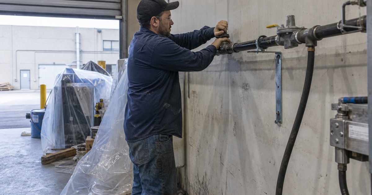 An installer making up a threaded joint on gas piping in a light manufacturing unit