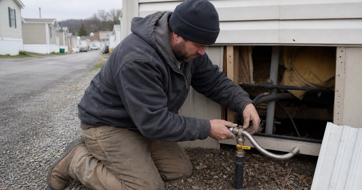 An installer connecting gas at the service point beneath a mobile home