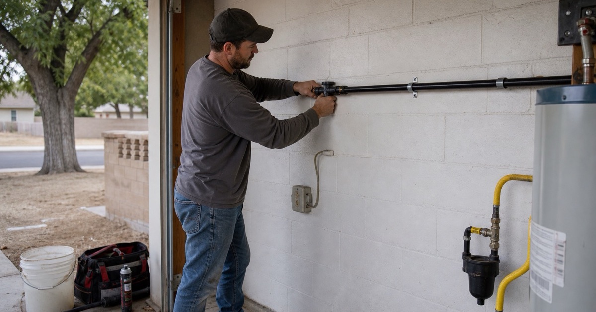 An installer making up a threaded joint on an exposed run in a tract house garage