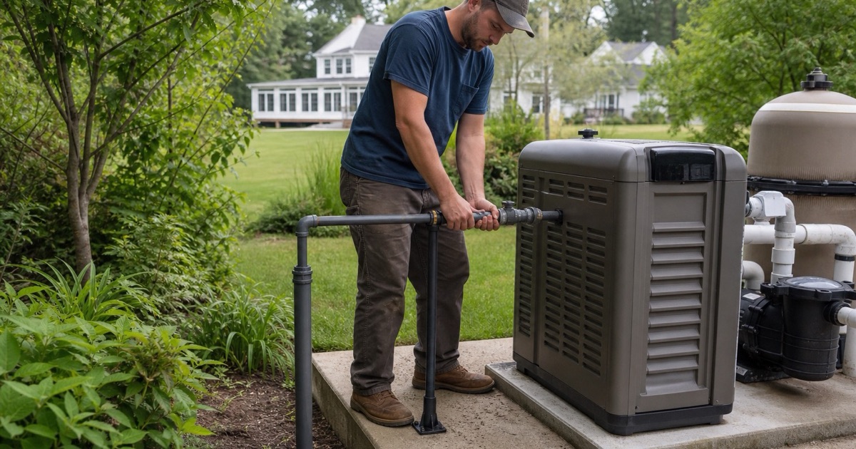 An installer making up the gas connection at a pool heater on an equipment pad