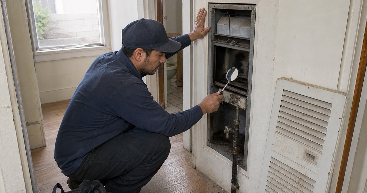 A technician checking the burner of a wall heater with the cover removed