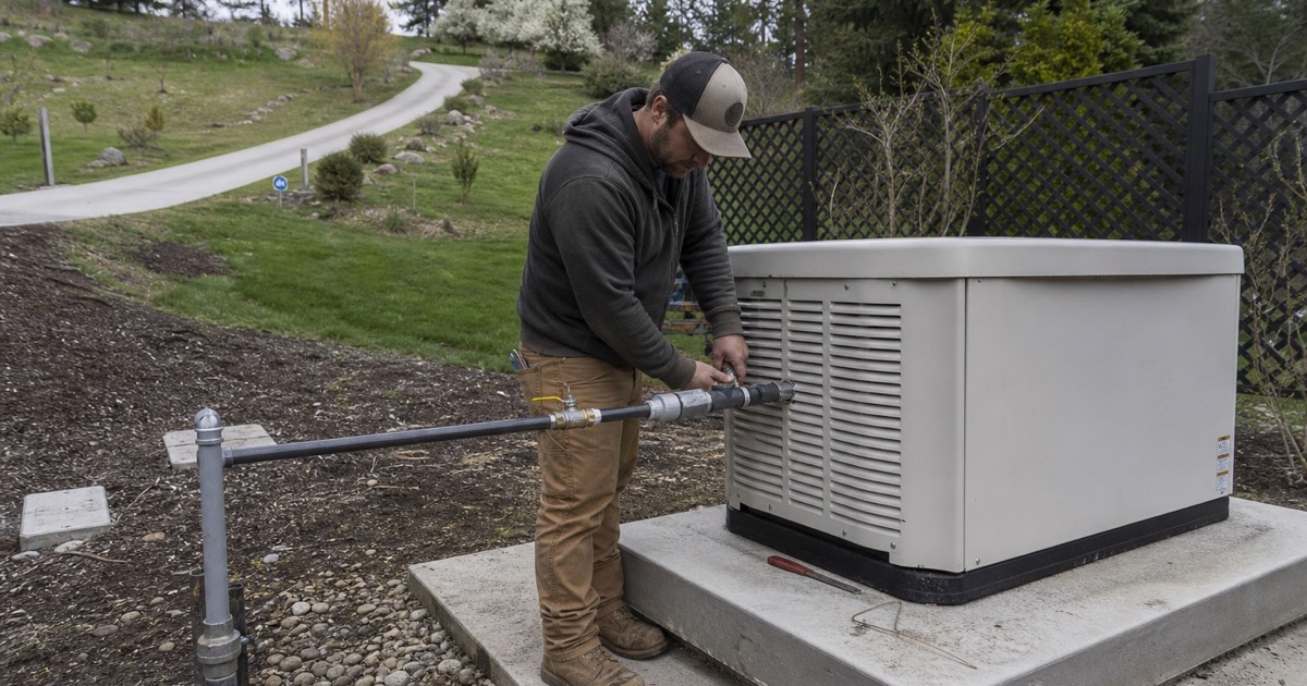 An installer connecting the gas supply to a standby generator on a large lot