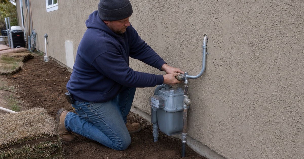An installer working on the houseline at a relocated meter set assembly
