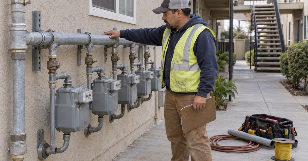 An installer checking houseline connections at a multi-unit gas meter bank