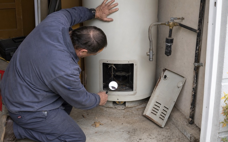 A technician checking the burner of a gas water heater with the access panel open