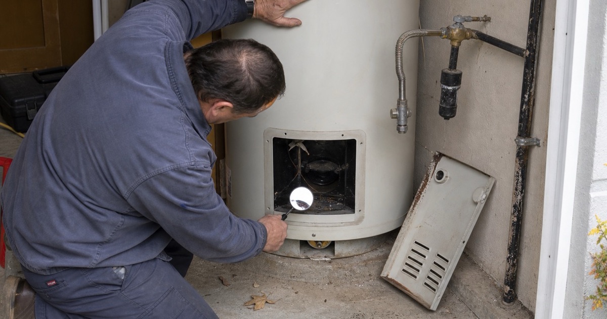 A technician checking the burner of a gas water heater with the access panel open