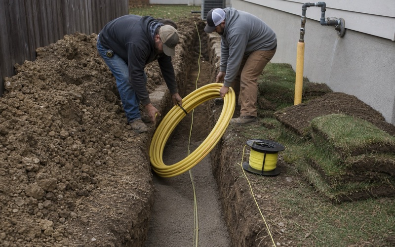 Two workers lowering polyethylene gas pipe into an open trench with tracer wire